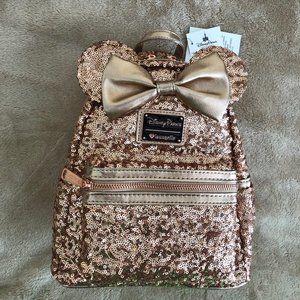 NWT Loungefly Disney Minnie Rose Gold Pink Sequin Mini Backpack Rare Heart Logo
